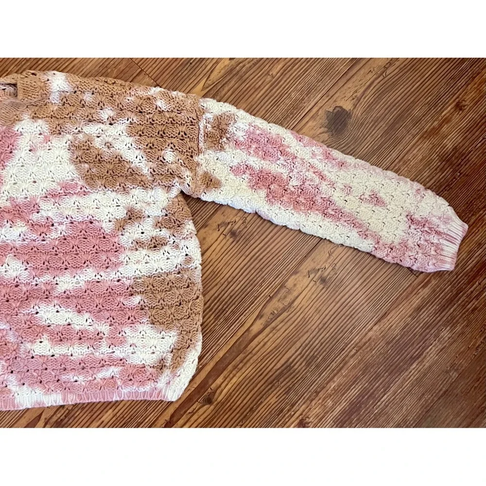 Versona Womens Pink Tan Tie Dye Chunky Open Knit V-Neck Sweater Size Medium